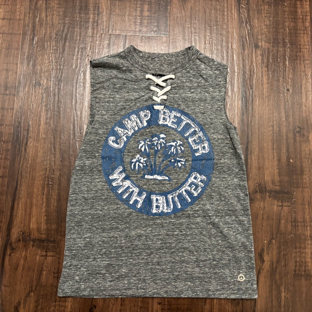 Butter Gray Tank Top with Blue Camp Print girls S
